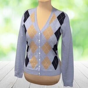 BROOKS BROTHERS Argyle Cardigan Sweater 100% Merino Wool VNeck Light Blue Size S